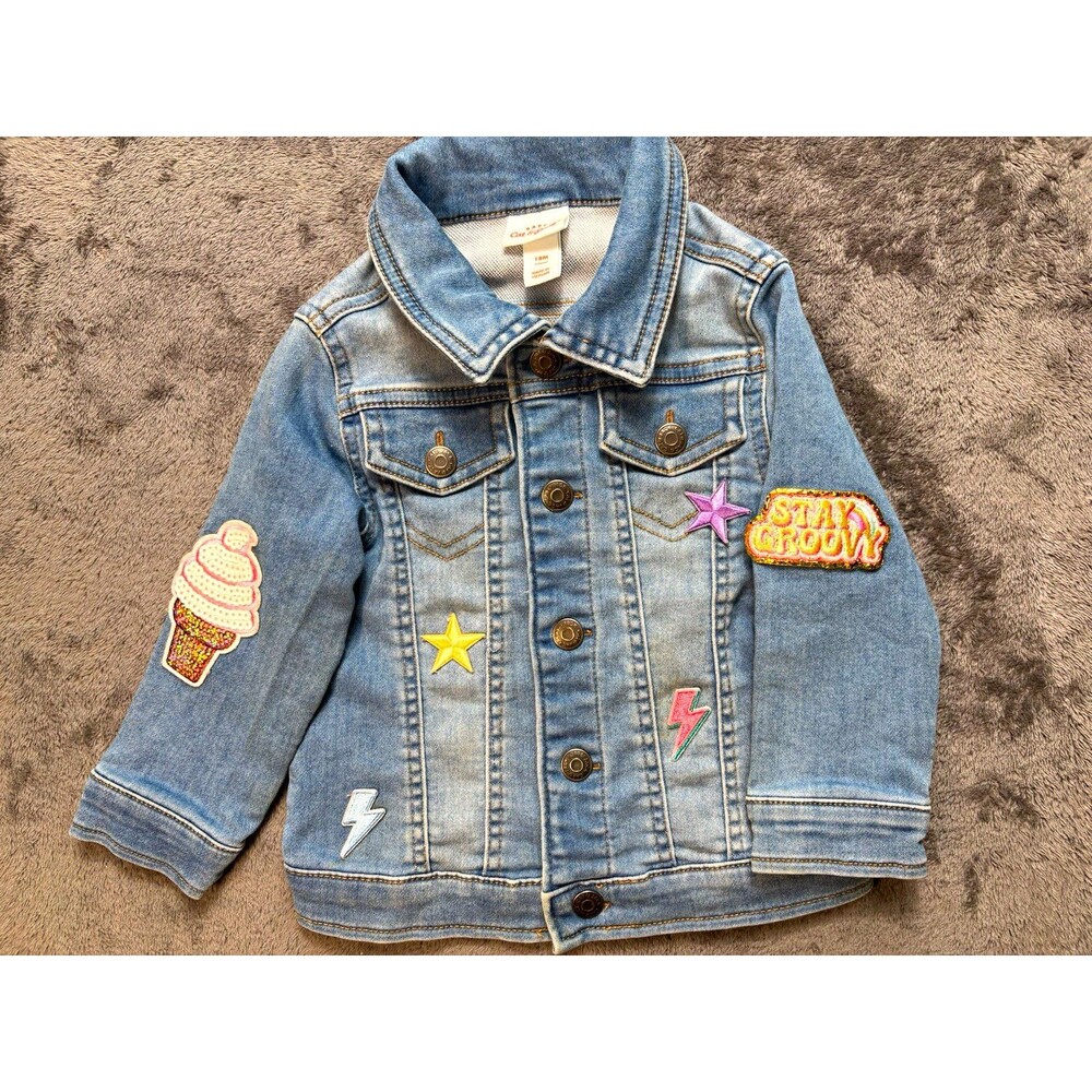 Cat & Jack Baby Girls Blue Denim Jacket 12-18M Stars Embroidered Collared